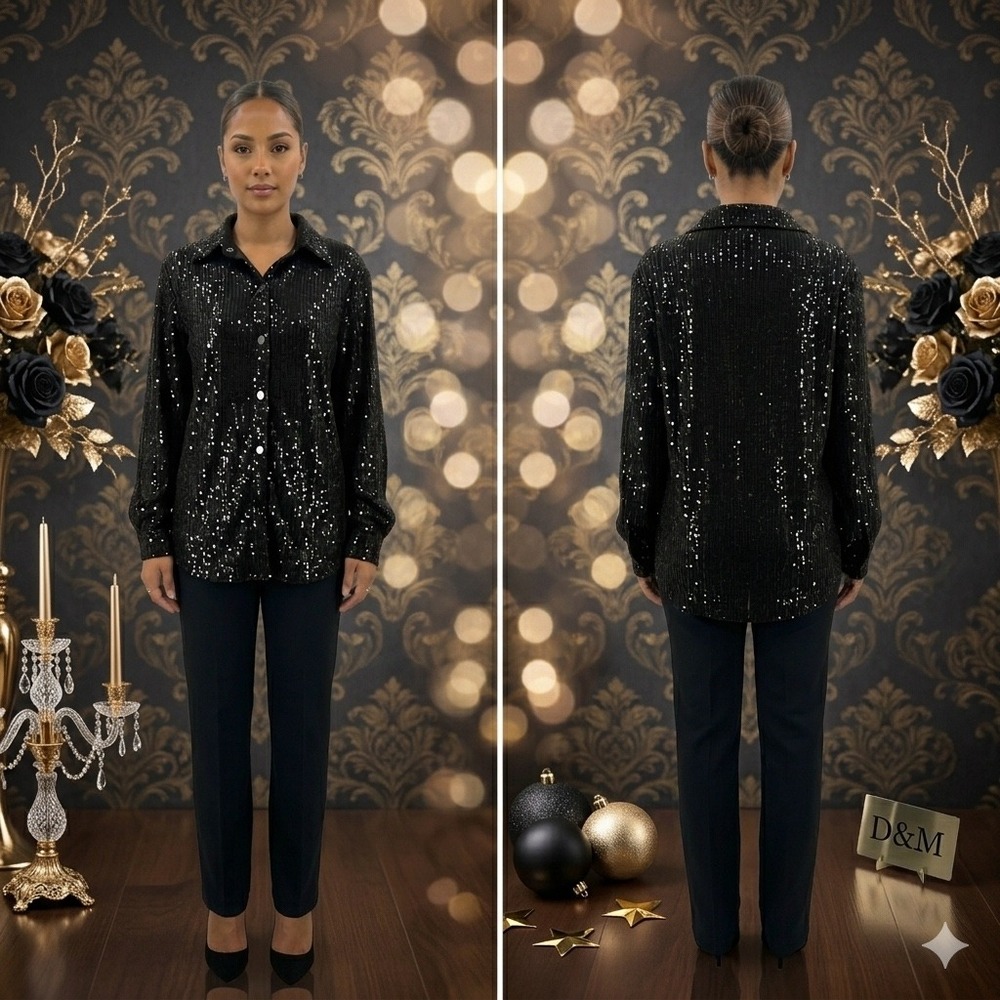 D&M Womens Black Sequin Button Down Shirt Long Sleeve Blouse Large Sparkly Glam